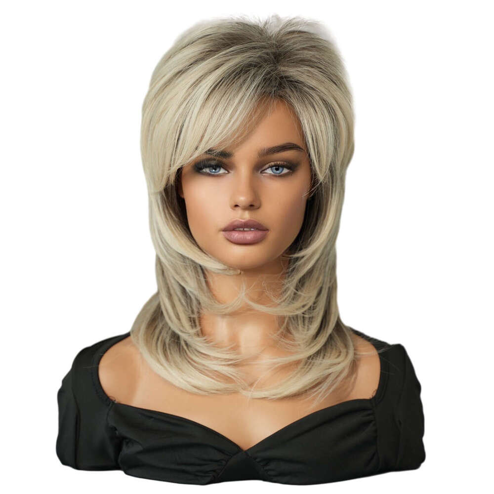 Black Women's Layered Wig, Beige Imitation 70S High Temperature Silk Synthetic Shoulder Length Wig