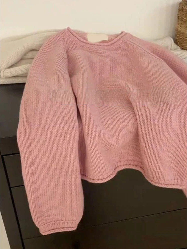 Knitwear Pulleys Womens Kawaii Loose Pure Soft Unique Sweater Korean Style Gentle Girl O-Neck Full Match Autumn Fashion Retro 241017
