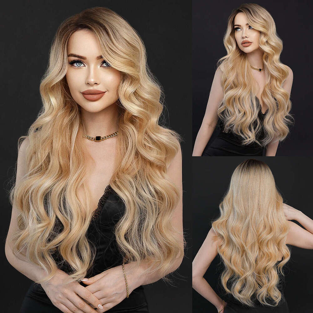New Synthetic Wave Wig Full Head Set Orange Gold Side Split T-Part Lace Wigs