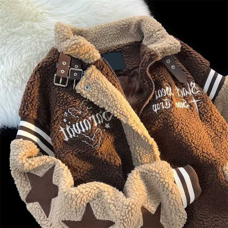 Mens Jacket Soft Waxy Lamb Wool Coat Womens Zipper Long Sleeve Autumn Winter New Splicing Velvet Thickened Cotton Padded CoatsXJ241017
