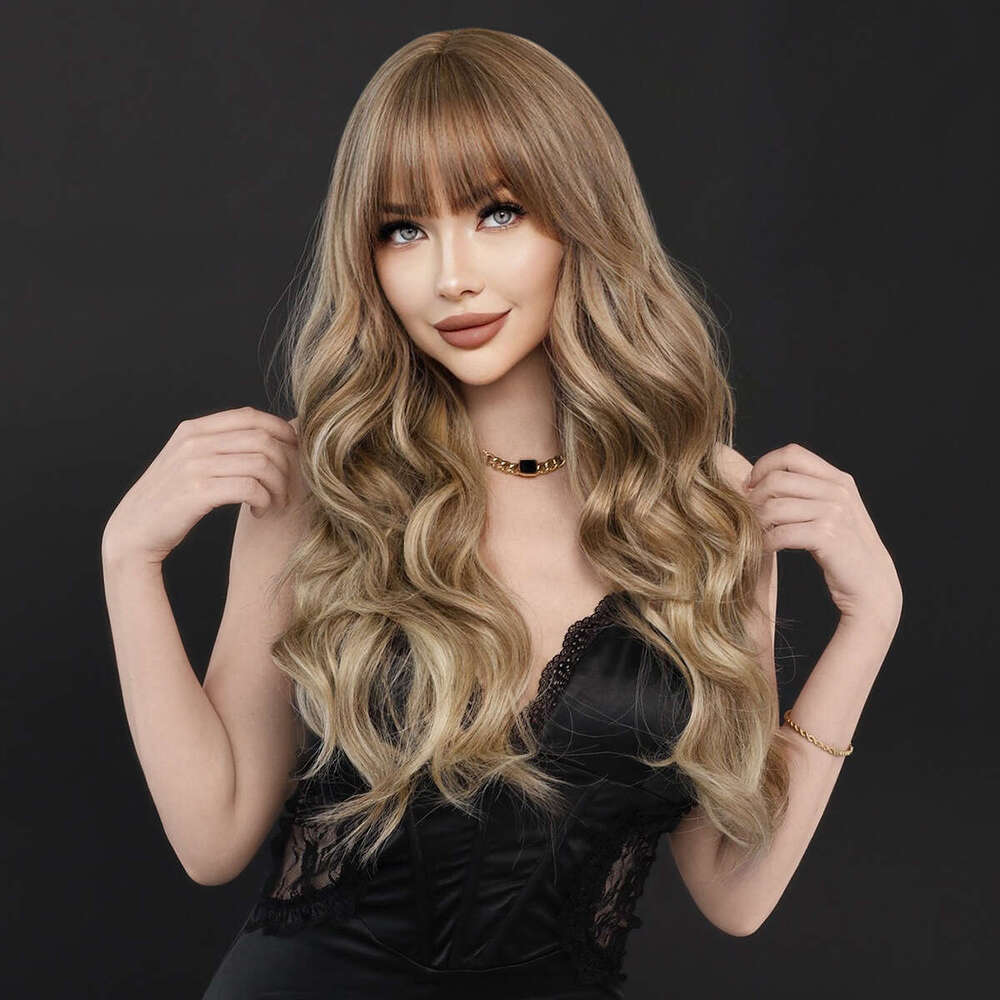 Female Wig With Air Bangs, Long Curly Hair, Hazelnut Beige Wig, Full Head Cover, Brown Wavy Wig
