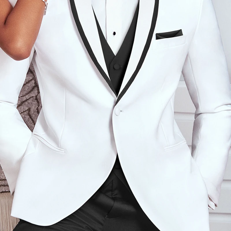 Wedding Tuxedo For Groom Slim Fit Men Suits White and Black Male Fashion Costume 3 Piece Smoking Jacket With Pants Vest 2025