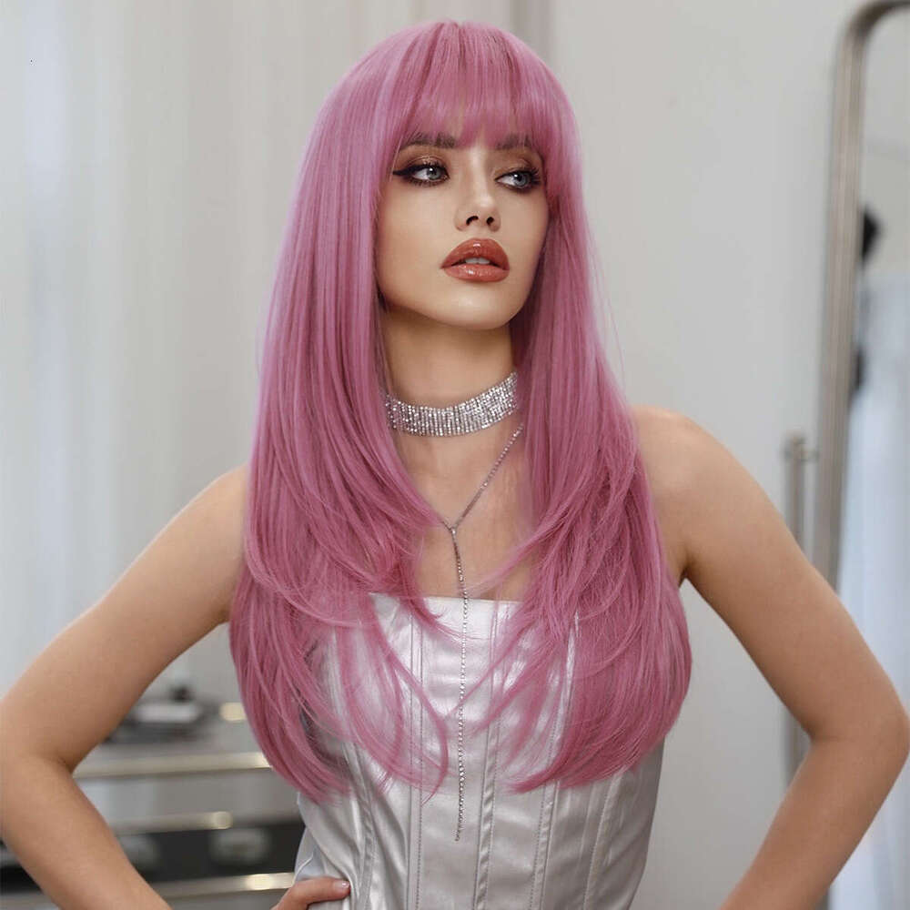Pink Long Straight Layered Women's Fashionable Wig, Thin Rattan Powder Purple Synthetic Full Head Cover