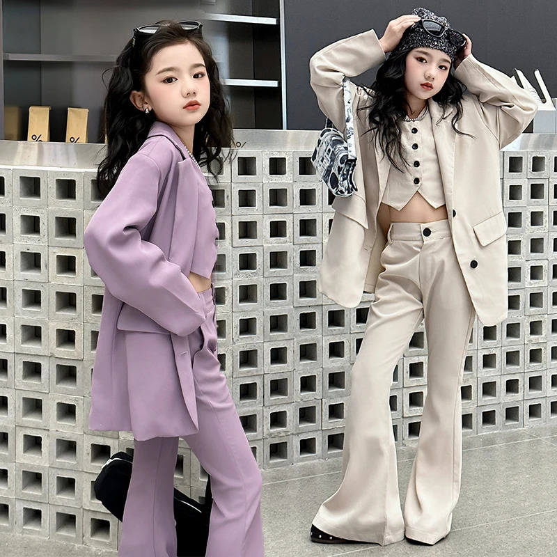 Teenage Girls Suits Blazer 3Pcs VestJacketsFlare Pants Solid Color Spring Fall Formal Occasion Childrens Clothes sets outfits 241016
