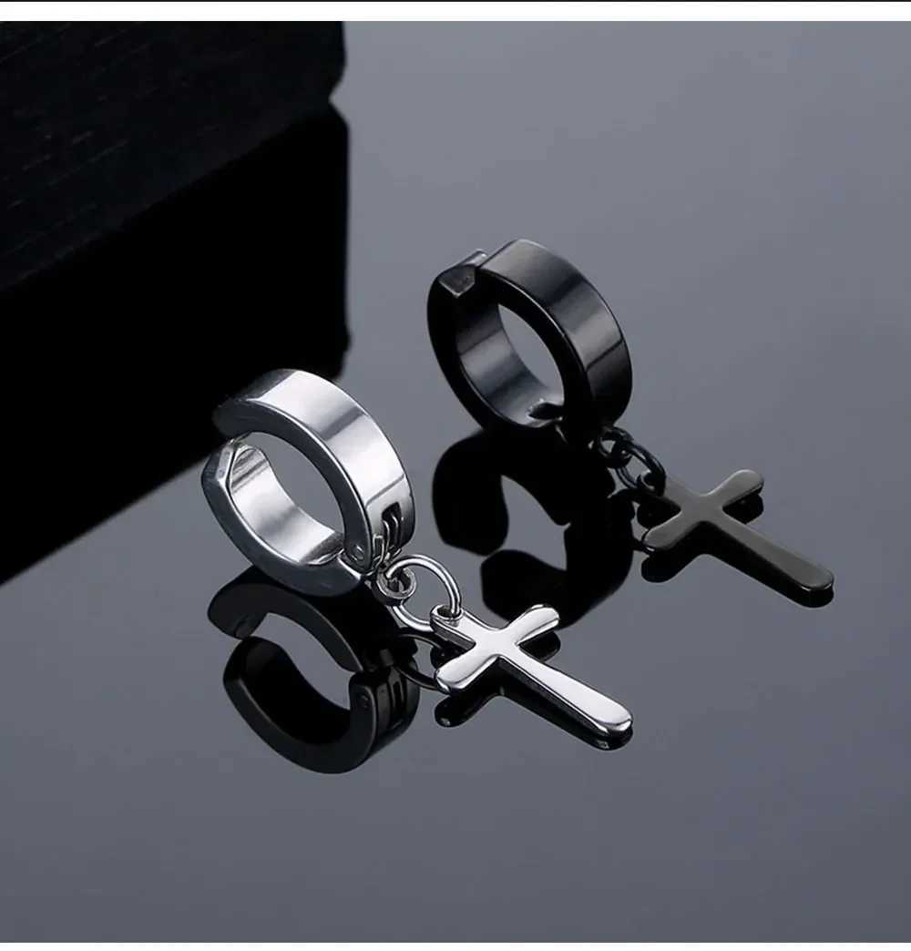 2 pieces/set of fashionable and simple stainless steel cross shaped mens earrings punk hip-hop womens earrings and mens jewelry without ear holes W241
