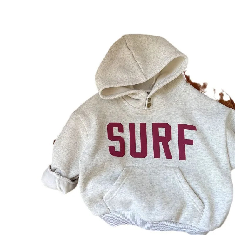 Childrens Boys Hooded Sweatshirt Loose Thick Western Style Letters Korean Fleece Kids Hoodie Winter Casual Baby Top 241017