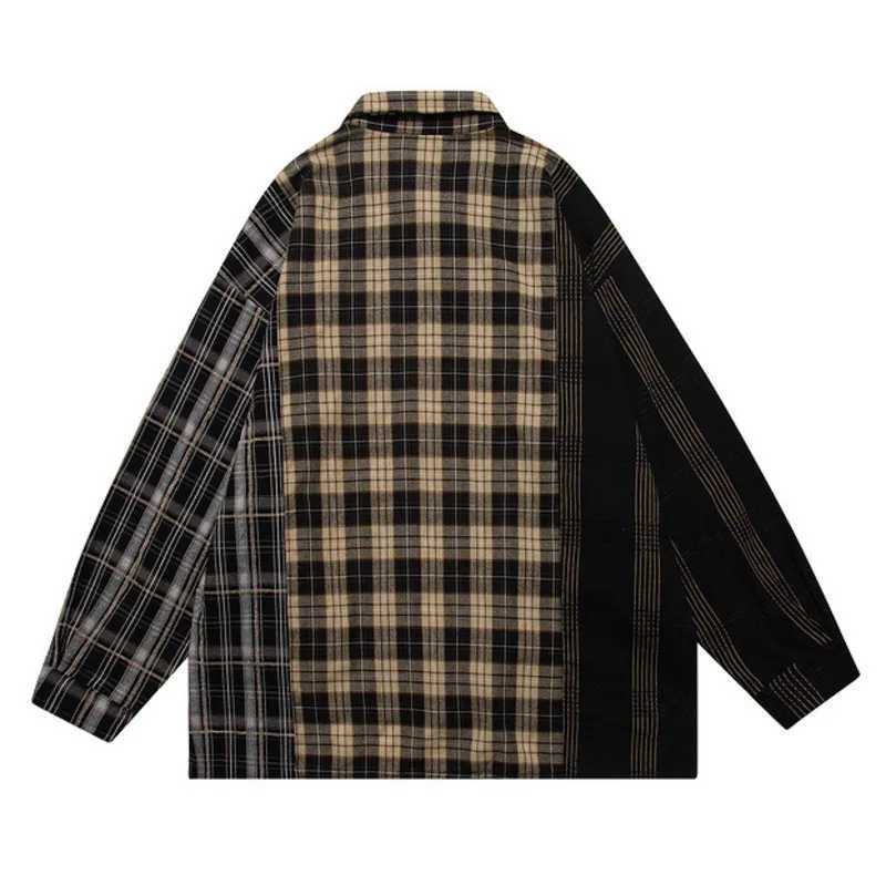 Hip Hop Men Plaid Shirt Streetwear Patchwork Button Up Long Sleeve Cotton Shirt 2024 Summer Harajuku Vintage Casual Loose Shirts LX241017
