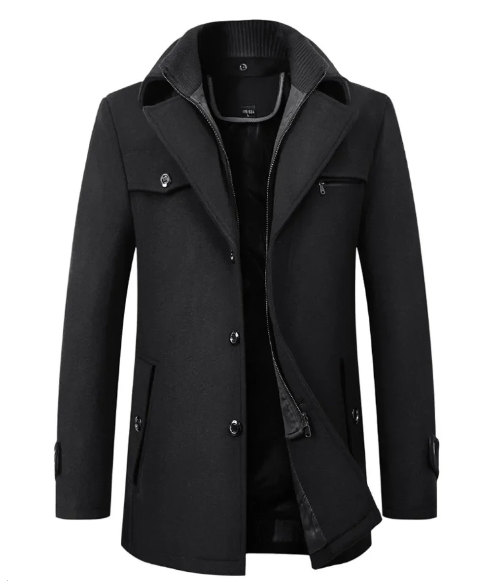 Mens Pea Coat AutumnWinter Collection Wool Double Collar Trench 241007