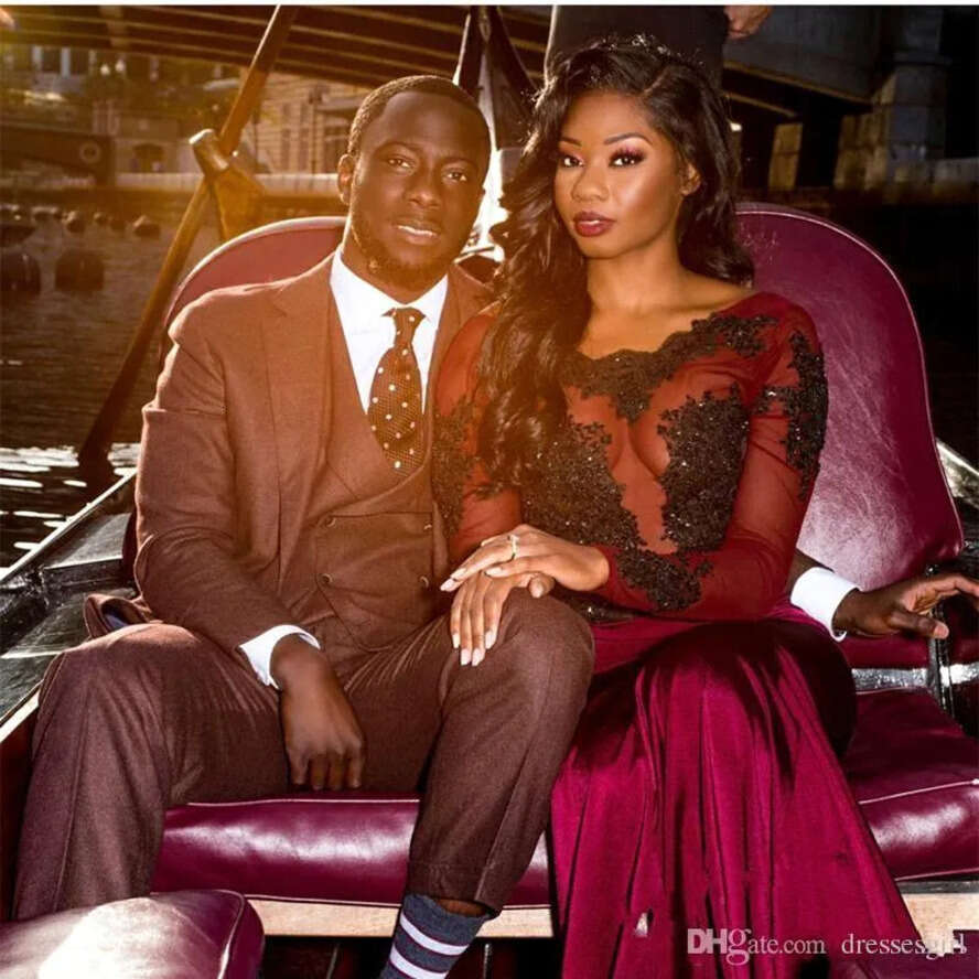 For Dresses African Bury Black Girl Appliques Sequins Open Back Satin Illusion Long Sleeve Mermaid Prom Party Gowns Ba7819
