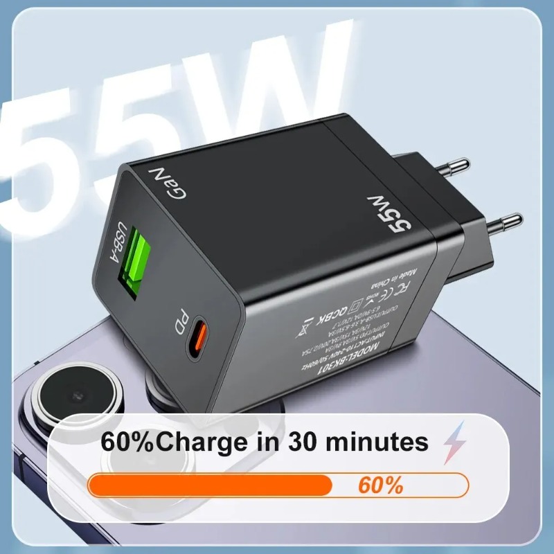 GaN Fast Charging 55W USB Type C PD Wall Charger QC3.0 US EU US AU KR Plug For iPhone iPad Samsung Xiaomi POCO