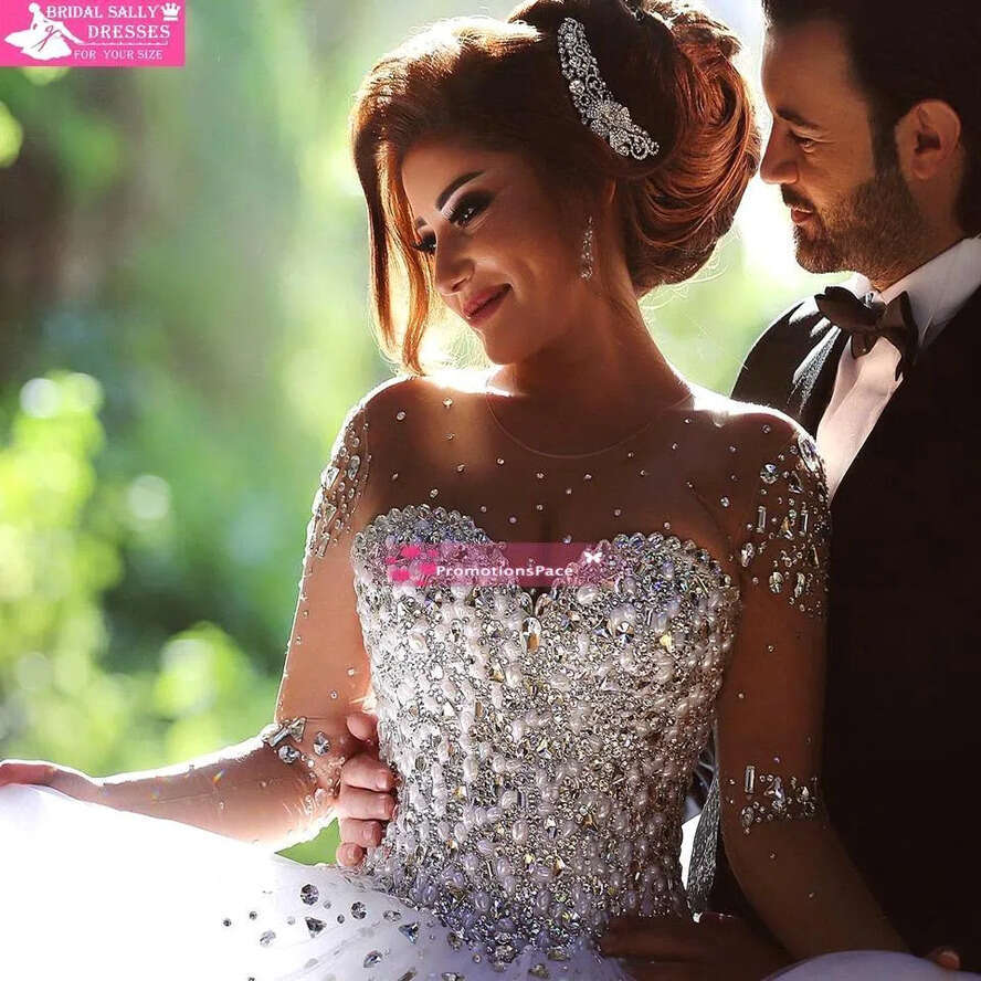 Tulle Gown Sheer Ball Wedding Dresses 2020 With Illusion Long Sleeves Crew Neck Lace Up Back Sequins Beaded Pearl Pretty Bridal Gowns Bo7695 s