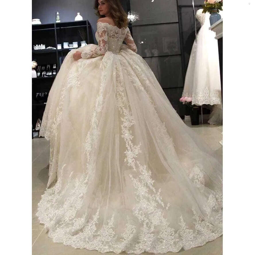 Ball Boat Arabic Gown Neck Wedding Dresses Long Sleeve Appliqued Lace Bridal Gowns A E Sweep Train Vestido De Novia Bc3022 s