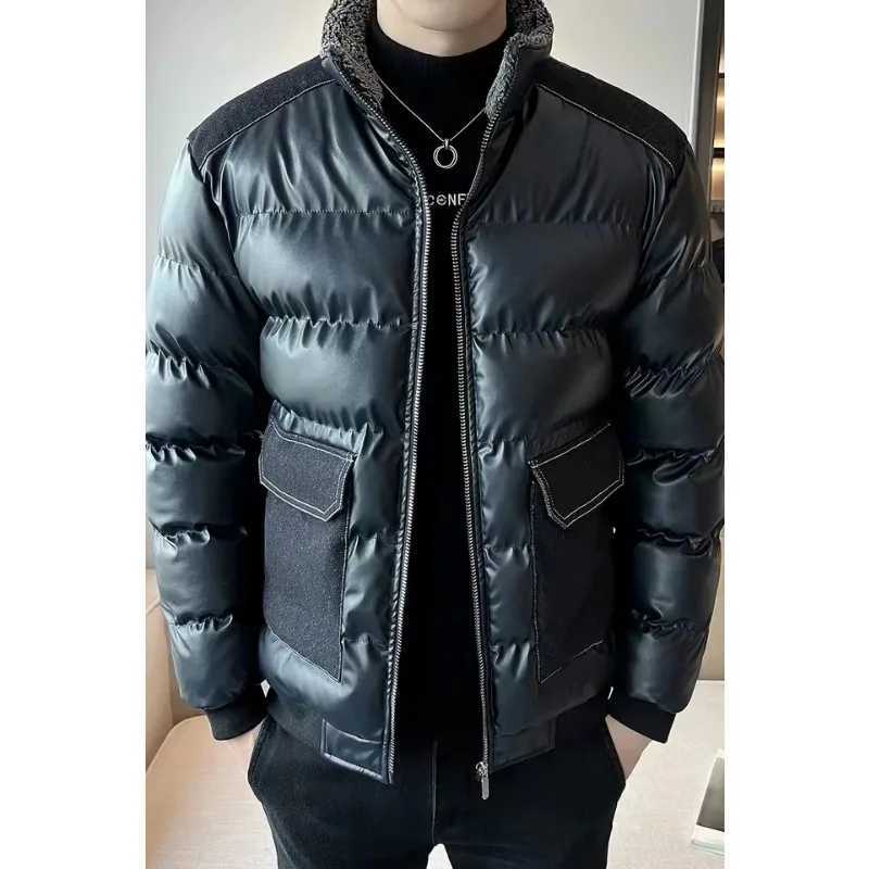 High quality brand autumn jacket mens leather jacket thick windproof Parka large pocket stand up collar warm solid fluffy jacket X241017