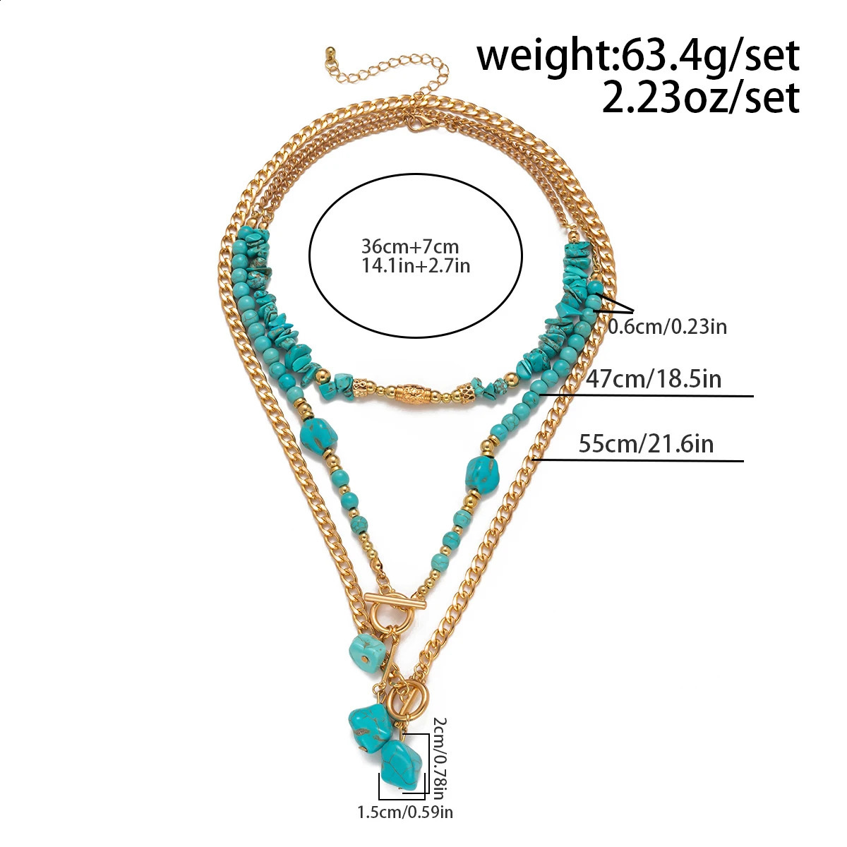 KunJoe 3Pcs Retro Blue Natural Stone Bead Necklace Bohemian Womens Geometric Pendant Necklace Fashion Necklace Jewelry 241017