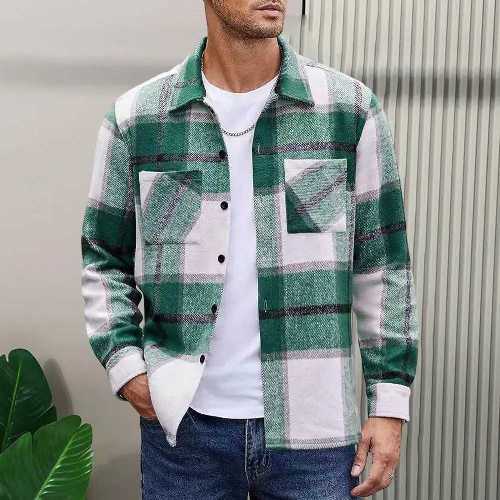 Men Vintage Shirt Jacket Mens Plaid Print Shirt Coat Casual Button Down Jacket with Long Sleeve Fleece Shacket for Autumn LX241017
