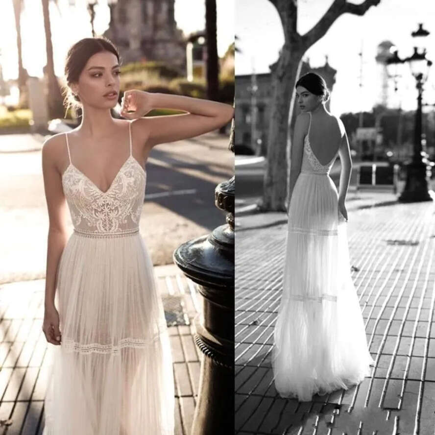 V Lace Cheap Dresses Neck Bohemian Wedding Spaghetti Straps A E Backless Sexy Summer Beach Bridal Gown Ba7057