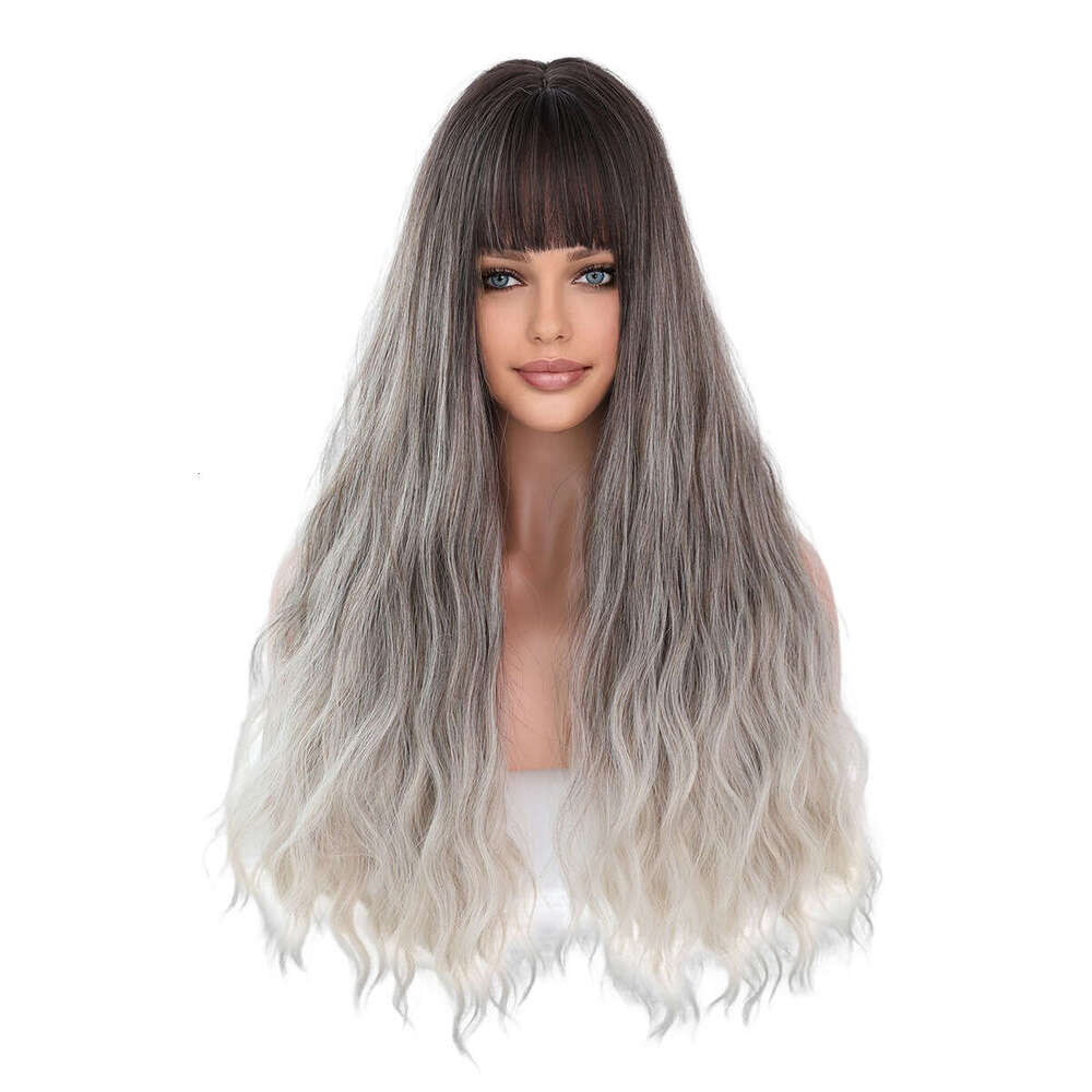 Brown Gradient Wig With Bangs, Long Curly Hair, Big Waves, Women's Headband