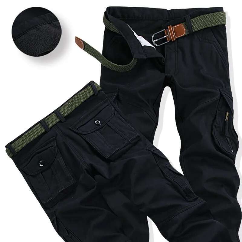 Men's Winter Thick Warm Cargo Pant Casual Fleece Pocket Fur Trouser Plus Size Brushed Fashion Loose Baggy Joger Worker Male