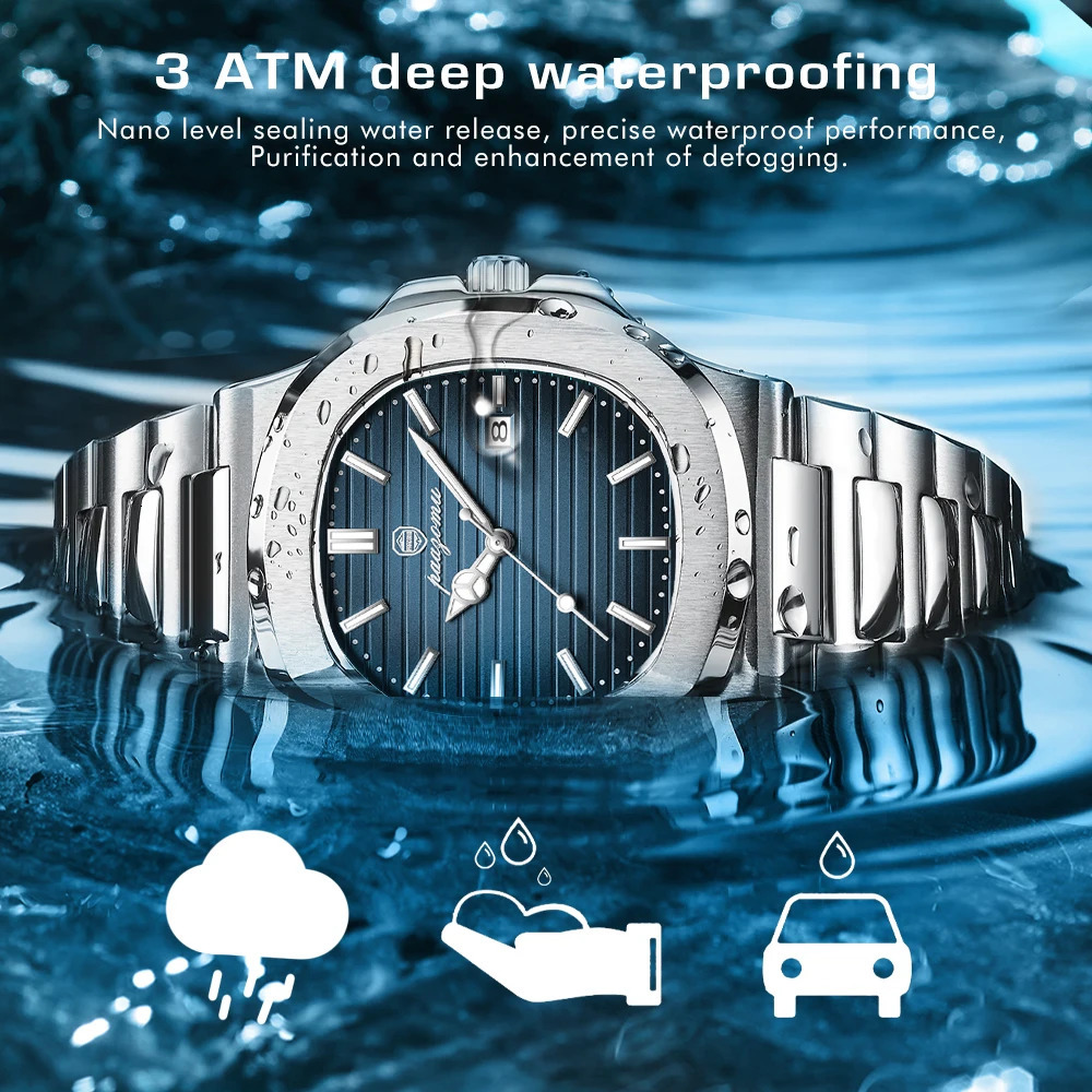 PAAZOMU y mens watch waterproof luminous weekly stainless steel quartz reloj hombre clockbox 241009