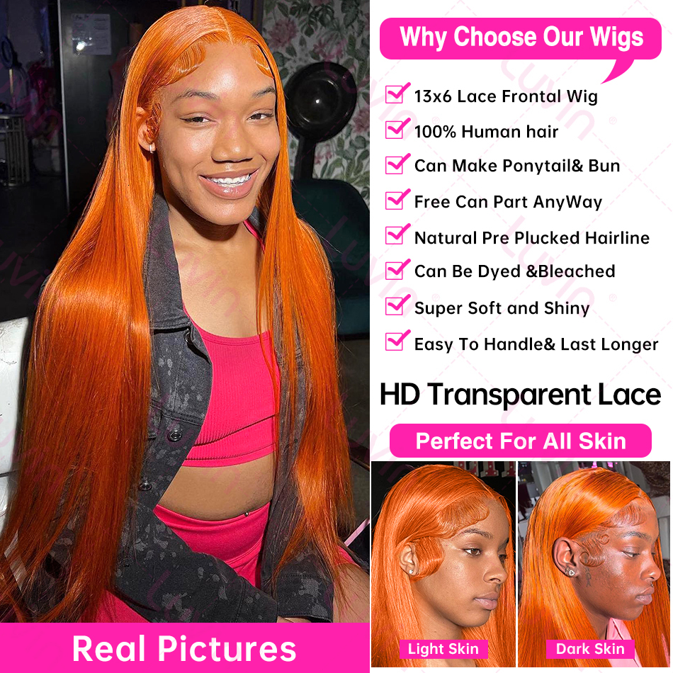 Luvin 30 32 Inches Straight Ginger Orange Human Hair Wig Lace Front 13X4 13X6 HD Frontal Colored Wigs Preplucked For Women