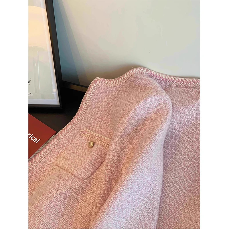 MEXZT Elegant Tweed Jacket Women Sweet Cropped Pink Coat Winter Korean Single Breasted Blazer Ladies Vintage Short Outerwear 241017