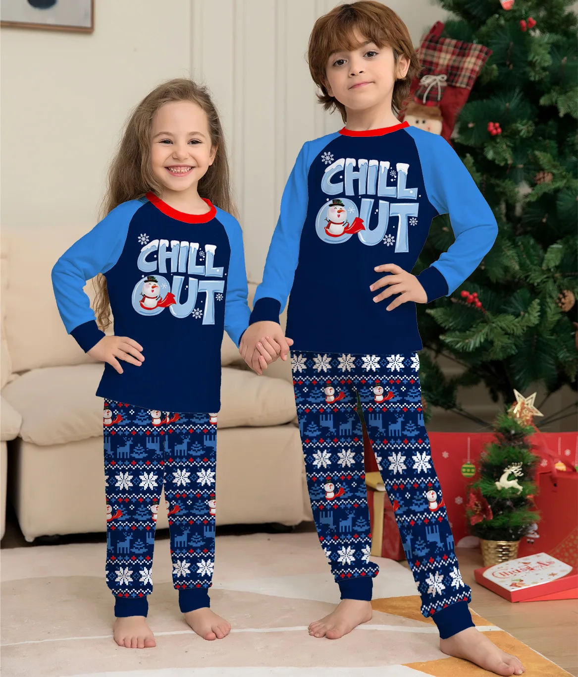 Christmas Pajamas Family Set Blue Printed Matching Couples Women Men Kids Boy Girls Pjs 241017