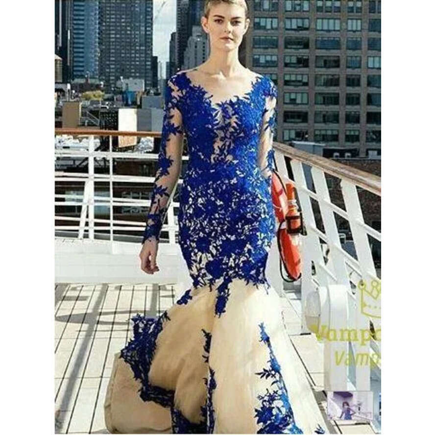 Arrival Long New 2020 Sleeve Royal Blue Lace Evening Dresses Mermaid Tulle Prom Gowns Vestidos De Fiesta