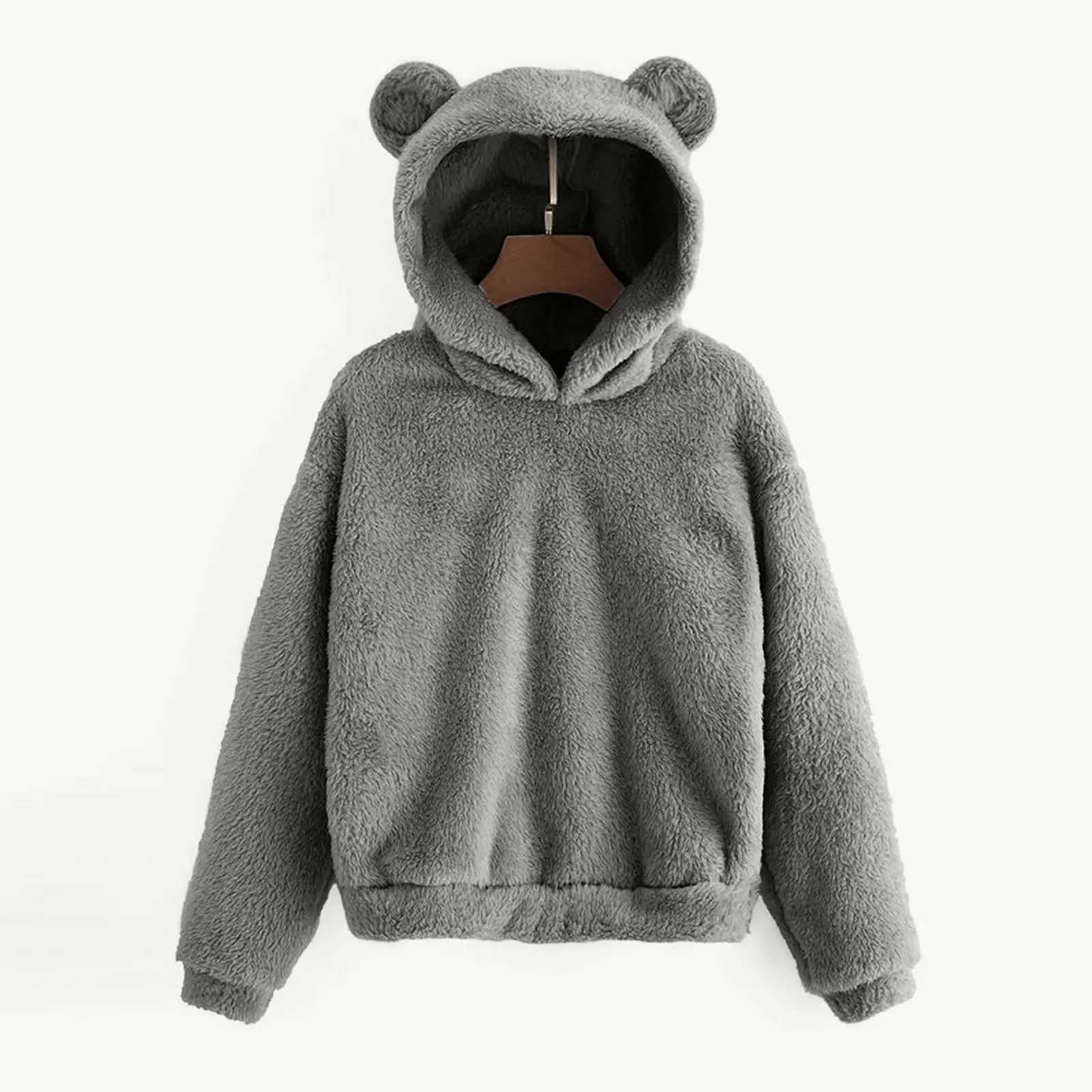 Womens Pullover Long Sleeve Fleece Sweatshirt Warm Bear Shape Fuzzy Hoodie Sweater PulloverX241016