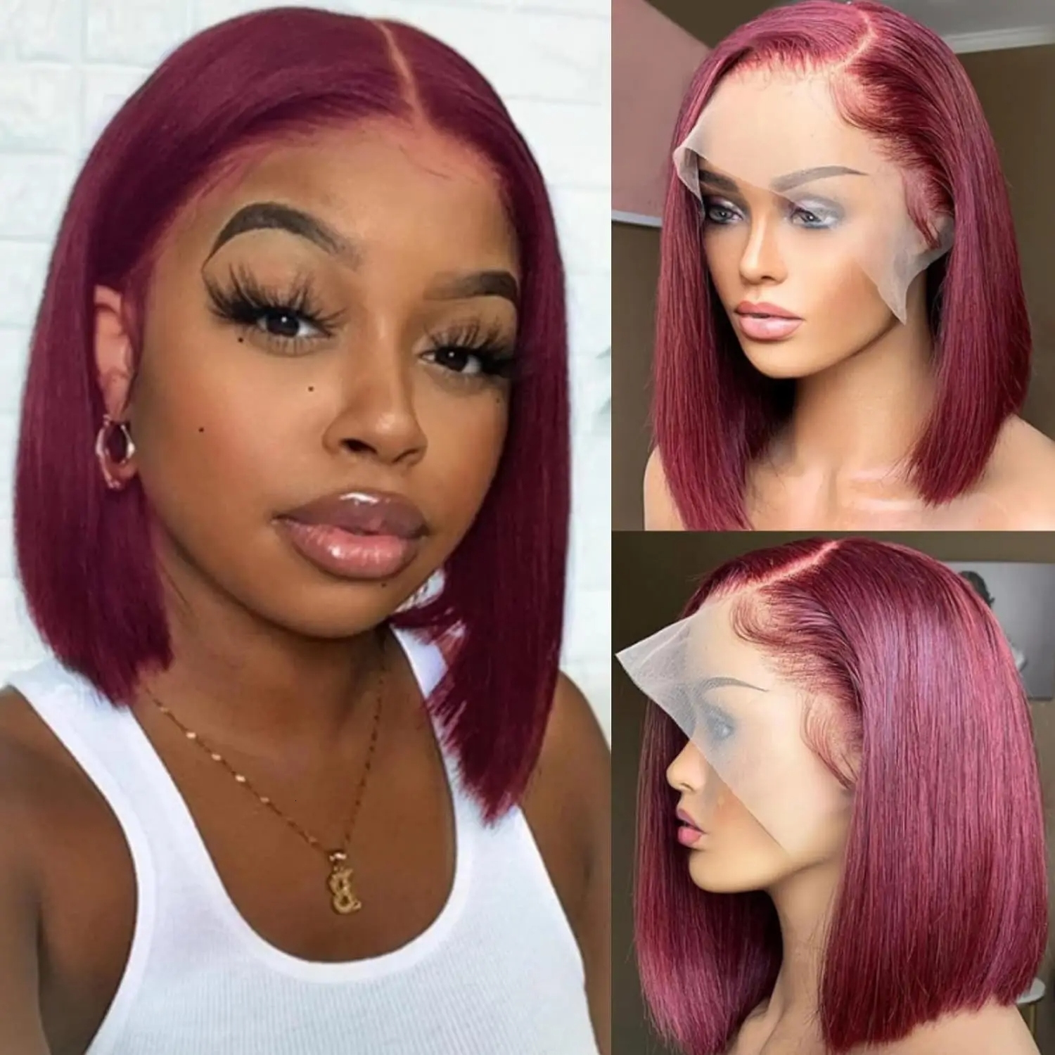 99J Bury Front Pre Plucked Red Bob 13X4 Frontal Lace Wig Human Hair Wigs For Women