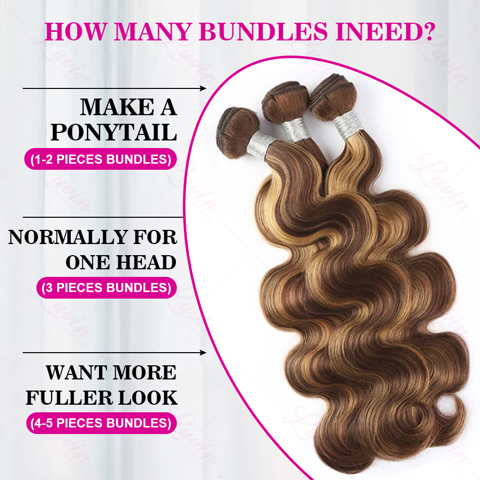 30Inch Body 100% Human 4/27 Highlight Bundles Unprocessed Water Wave Ombre Brown Hair Extensions Quick Weave