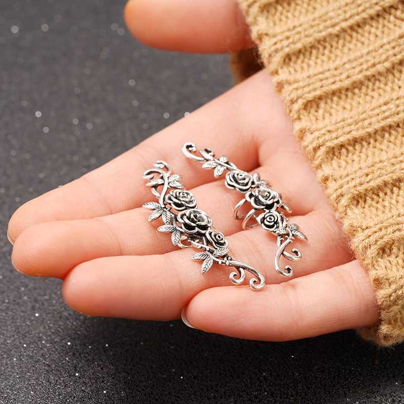 Huitan Aesthetic Flowers Clip Earrings Womens Rose Flower Climbing Earrings Fake Cuff Perforation Retro Elegant Womens Party Jewelry W241017