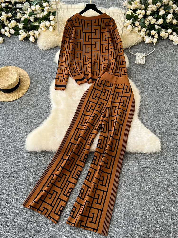 SINGREENY Geometric Maze Printed Two Piece Autumn/Winter O-neck SweaterPants Womens Casual Fashion Knitted Set 241017