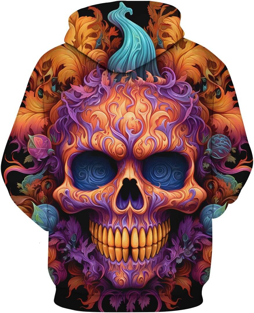 Hoodie for Mens Womens Classic 3D Halloween Pumpkin Skull Cool Graphic Colorful Halloween Skeleton Sweatshirts,Blue Graphic Hoodies sweatshirt