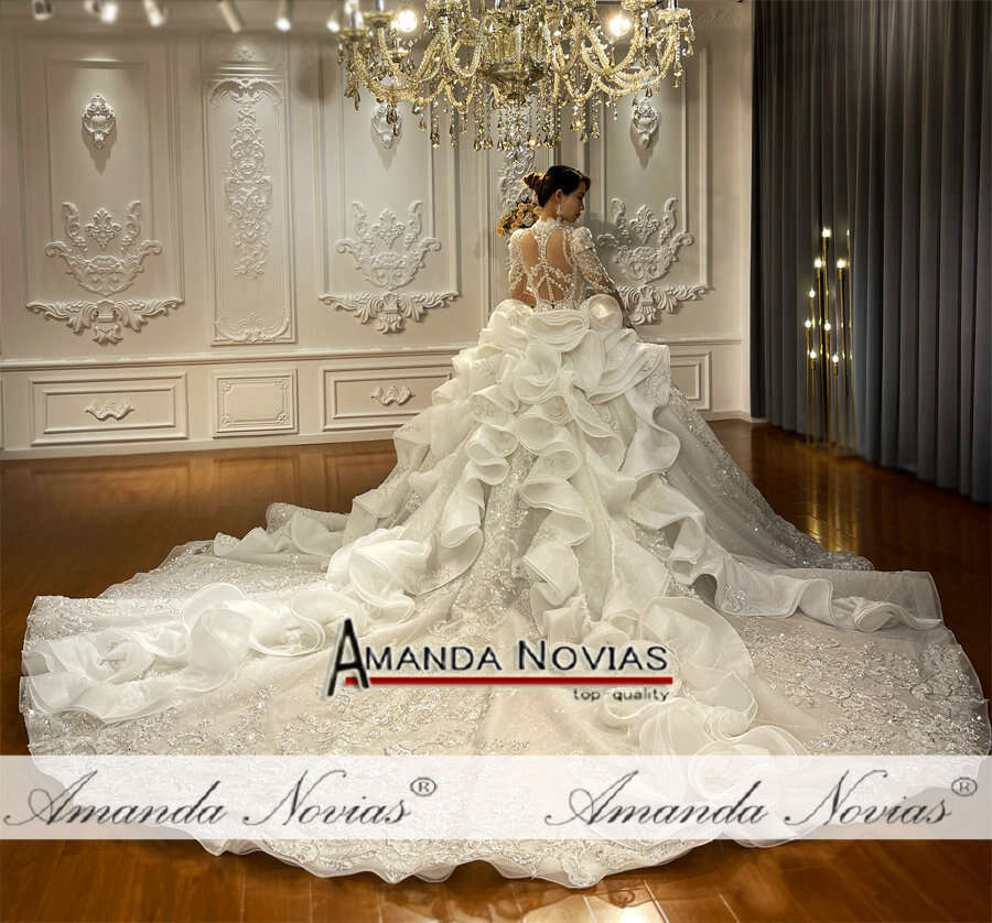 Lace Applique Crystal Beading Royal Train Wedding Dress