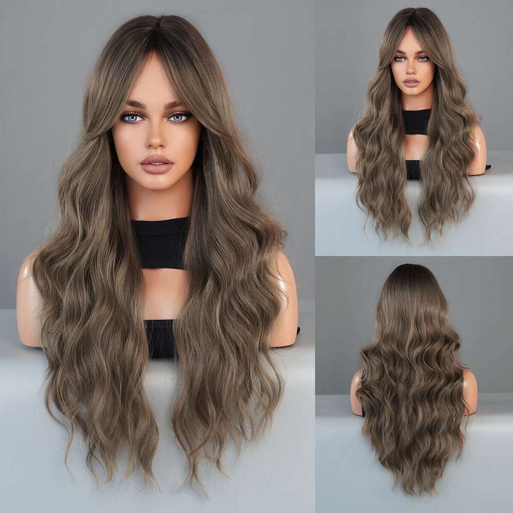 Fashion Long Curly Hair Milk Tea Brown Wig Women's Eight Character Bangs Big Wave Synthetic Full Head Set Brown Wigs