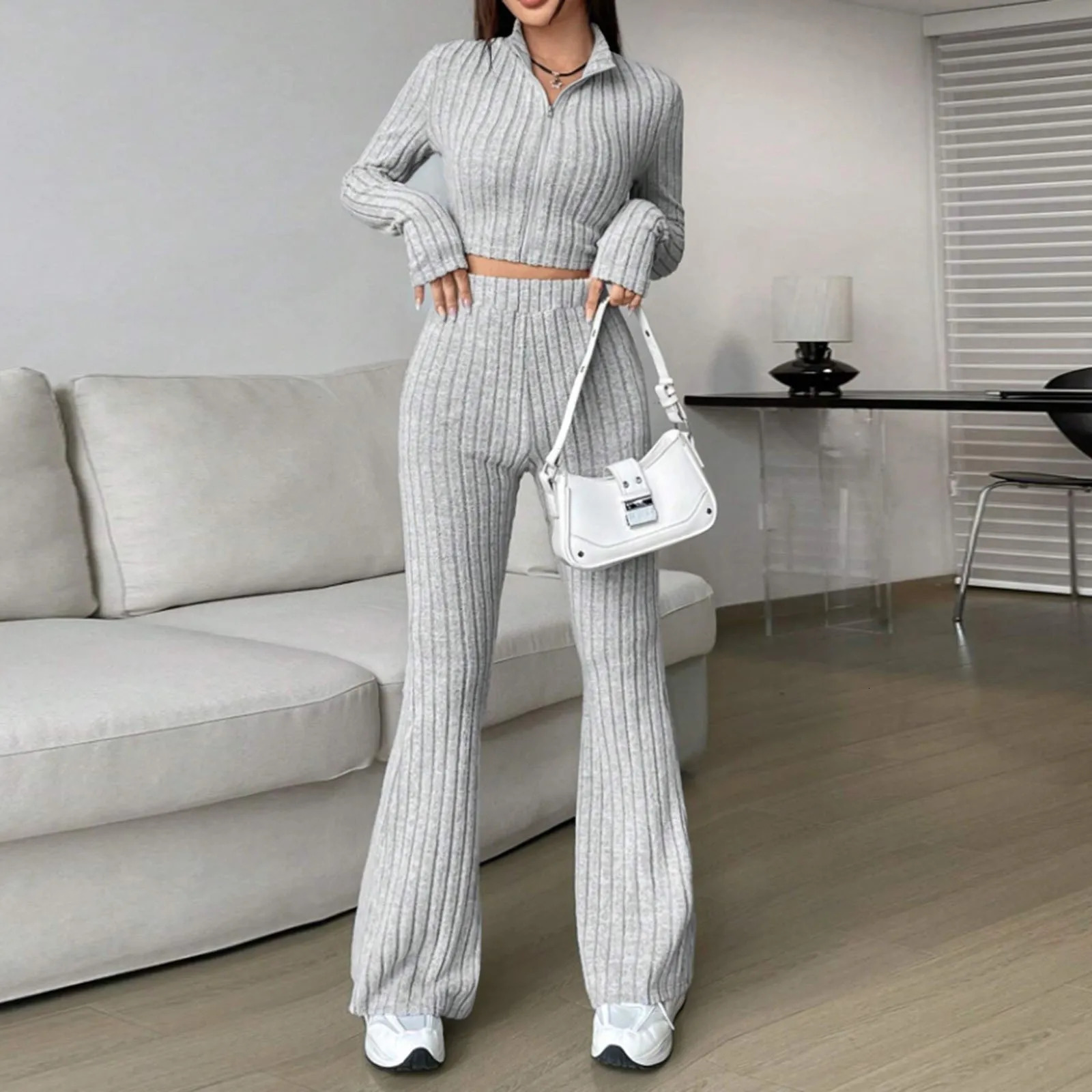 2024 Autumn Womem Knitted Warm 2 Piece Outfits Korean Turtleneck Sweater Top Slim Flared Pants Sets Lady Clothing 241017