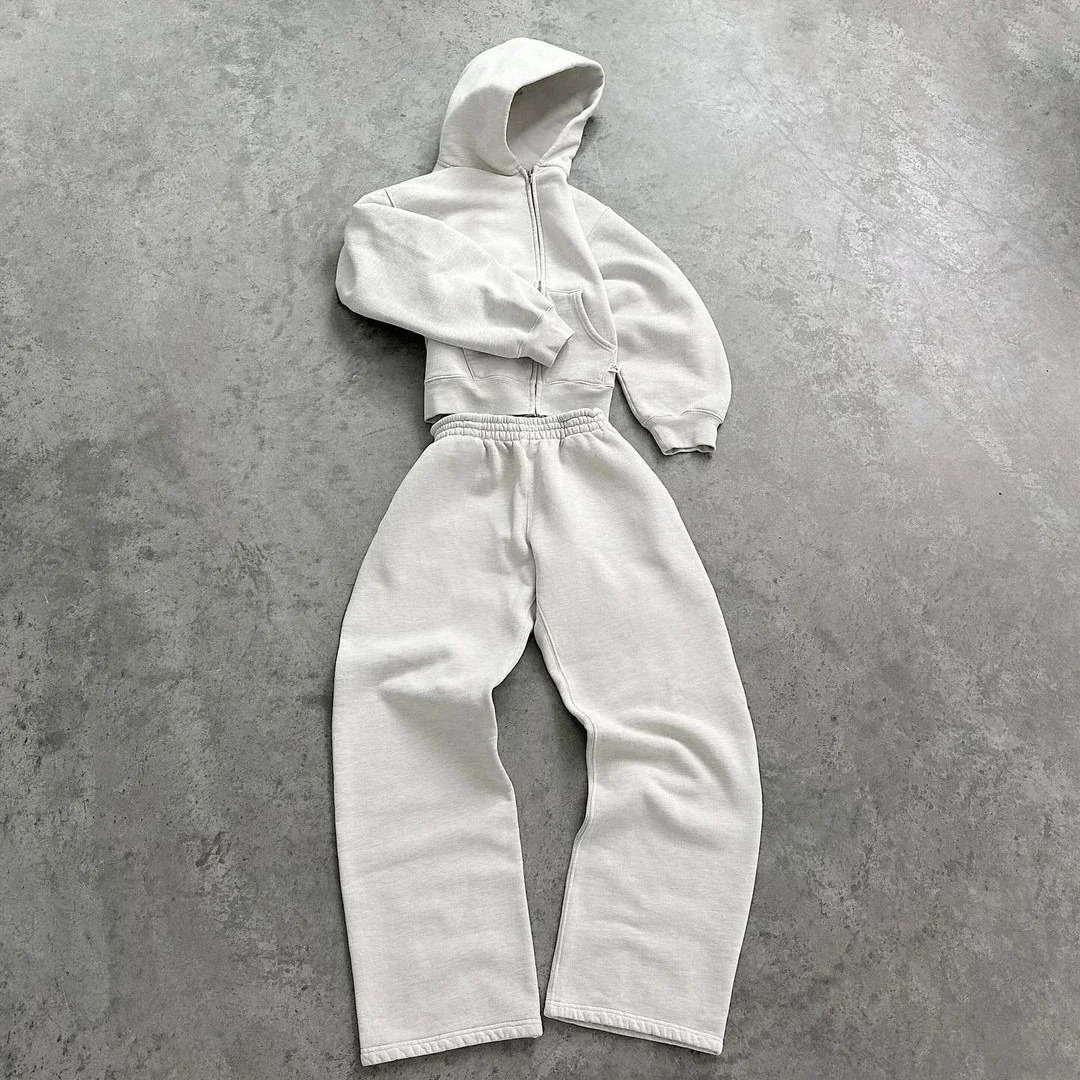 American style hooded two-piece set Y2K men street fashion sportswear women gray Harajuku loose sweatpants retro simple classic 241017