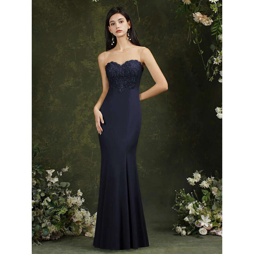Mermaid Bury 24H Ship Prom Dresses Lace Appliqued Evening Dress Sexy Navy Blue Formal Party Gown In Stock Cg001