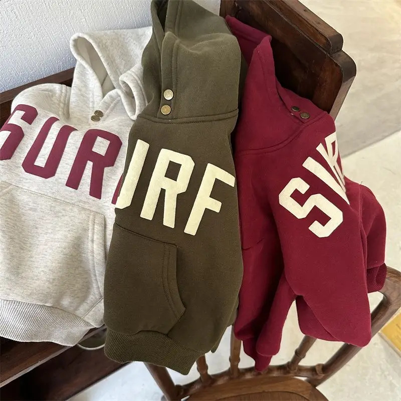 Childrens Boys Hooded Sweatshirt Loose Thick Western Style Letters Korean Fleece Kids Hoodie Winter Casual Baby Top 241017