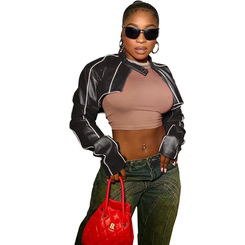 Red jacket womens Pu leather long sleeved crop top with zipper Pu leather jacket womens patented leather cutting jacket short jacket 241017
