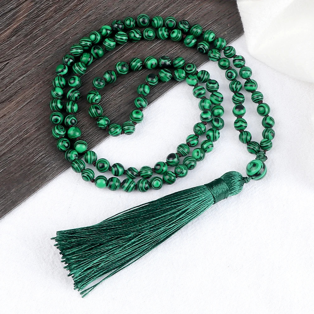 108Mala Natural Peacock Stone Bead Necklace for Men Blue Turquoise Black Agate Prayer Tassel Necklace Meditation Yoga Jewelry 241017