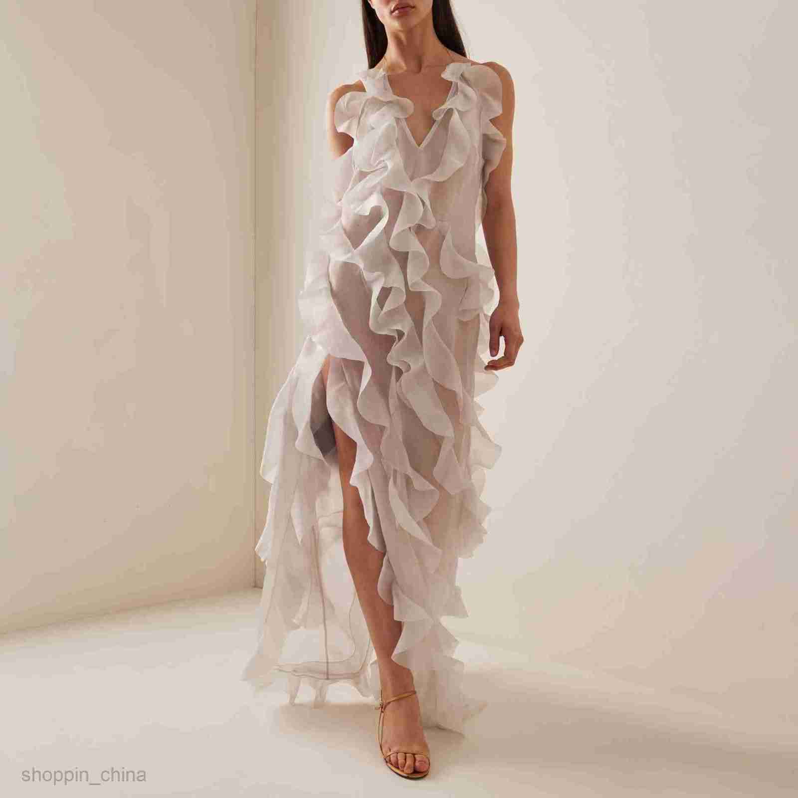 Basic Casual Women Dresses New women's dress with sexy deep V-neckline suspender long skirt and high slit ruffle edge cake skirt