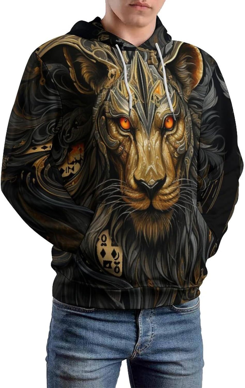 Hoodie for Mens Womens Mens Novelty Poker Lion Hoodie Psychedelic Pattern Casual Drawstring Pullover Hoodie Graphic Hoodies sweatshirt Pullover Long S