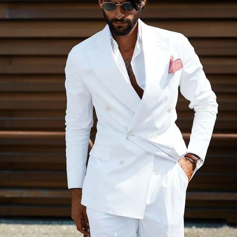 Men Suits Slim Fit Double Breasted Wedding Tuxedo for Groom 2 Piece White Formal Style Male Fashion Jacket with Pants 2024