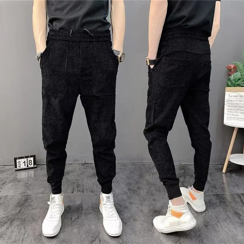 Wool lined mens sports pants Corduroy Slim casual Trouser harem pants fashionable multi pocket rib leg jogging pants y2k pants 241017