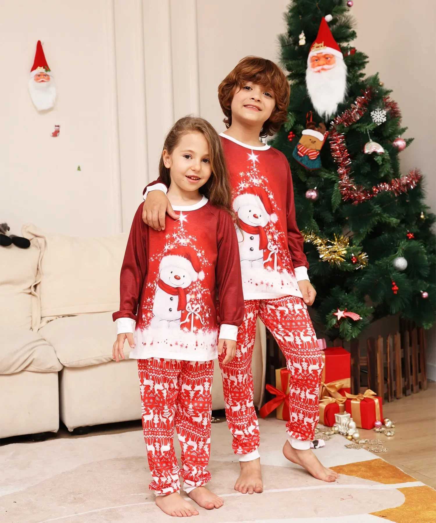 2024 Family Cute Snowman Printed Parent and Child Pajama Set Soft and Warm Pajamas Christmas Appearance Pajamas W241015