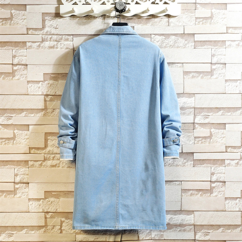 M-5XL Long Style High Street Men Trench Coat Washed Retro Blue Black Denim Jacket Spring Autumn Outerwear Vintage Jackets man 241017