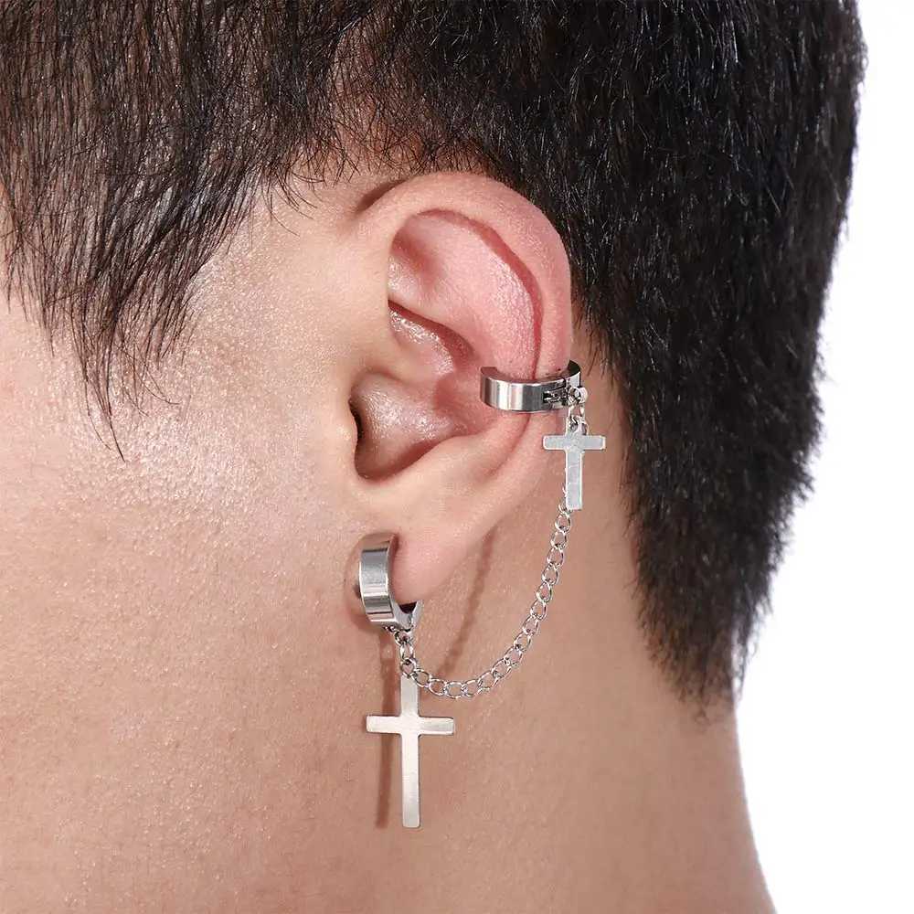 1 piece of fashionable punk cross clip earrings suitable for teenagers women men earrings cuffs jewelry vintage metal chains tassel earrings W241017
