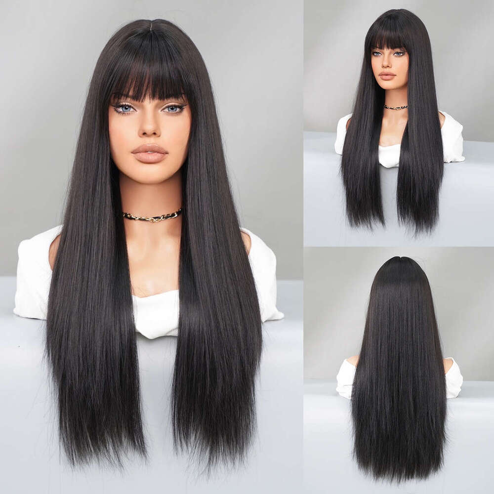 Jinhua Wig Long With Bangs, High-Quality High Silk Synthetic Straight Hair Full Head Cover