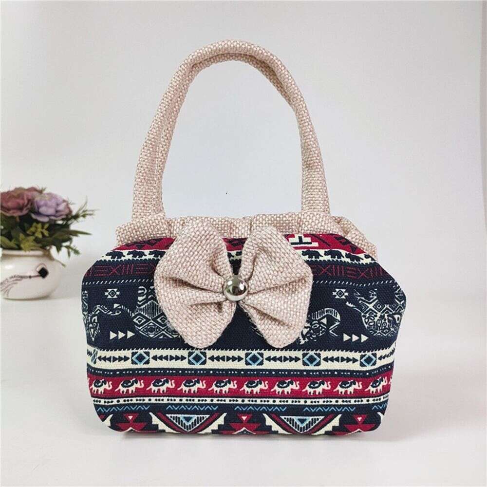 Women Bow Mini Handbag Cotton Canvas Large Capacity Underarm Shopping Tote Phone Purse Handle Bag